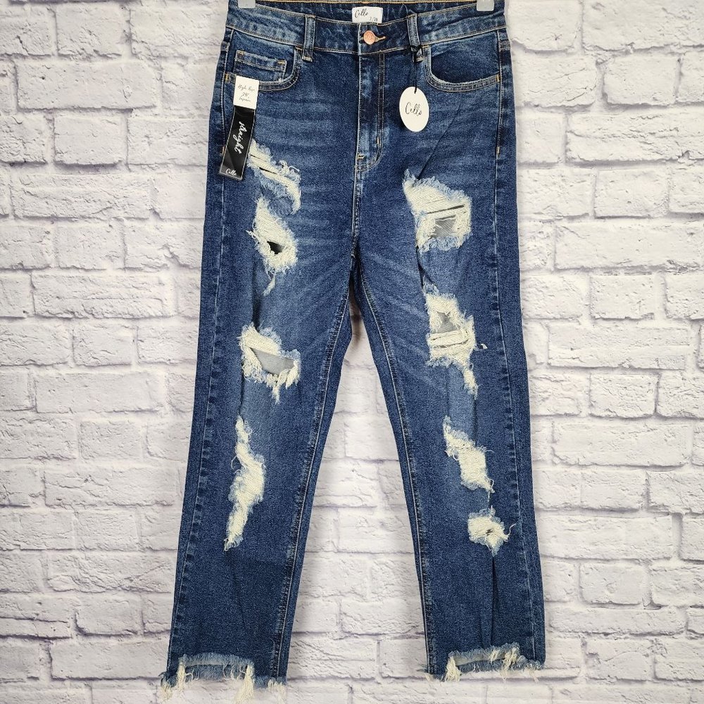 Cello High Rise Straight Juniors Size 7/28 Blue Denim Distressed Jeans